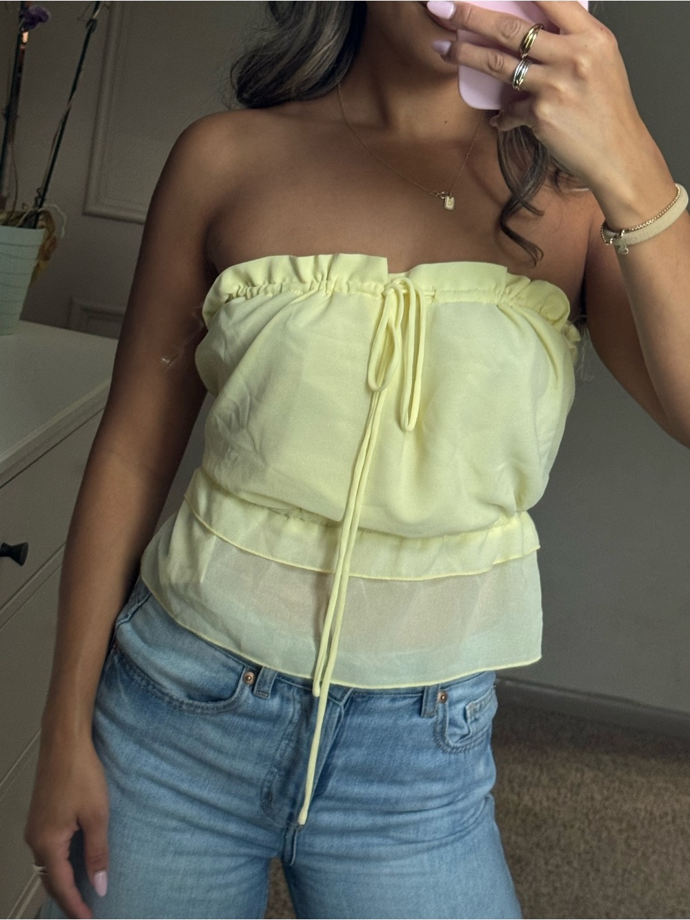 Peppermayo Zaya yellow backless strapless top